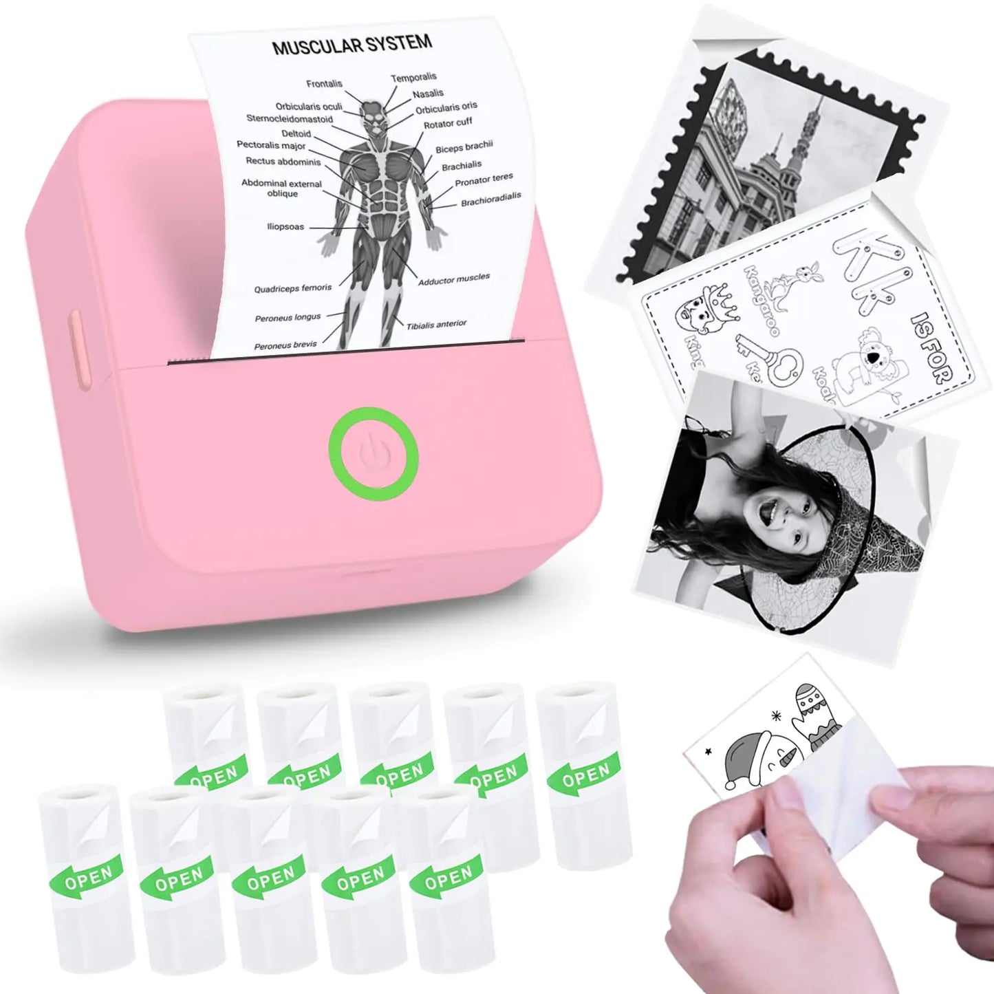 Vicbear Mini Sticker Printer Sticker Maker Machine Printer with 10 Sticker Paper Rolls Mini Printer Sticker Maker for Labels/Notes Inkless Thermal Portable Printer for Phone/Tablet Pink