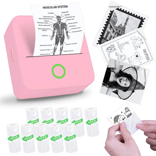 Vicbear Mini Sticker Printer Sticker Maker Machine Printer with 10 Sticker Paper Rolls Mini Printer Sticker Maker for Labels/Notes Inkless Thermal Portable Printer for Phone/Tablet Pink